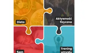 Biohacking co to? Obrazek pokazuje cztery filary: dietę, aktywność fizyczną, sen i trening umysłu, jako elementy optymalizacji życia.