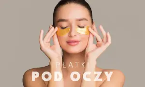 Kobieta z zamkniętymi oczami nakłada złote płatki pod oczy. Delikatny dotyk palców podkreśla, jak nakładać płatki pod oczy dla promiennej skóry.