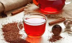 Aromatyczna herbata rooibos, znana ze swoich licznych właściwości, w szklanej filiżance, obok zaparzacza i laski cynamonu.