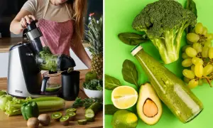 Kobieta przygotowuje zielony sok, a obok butelka z napojem i świeże warzywa i owoce. Idealne dieta sokowa przepisy.