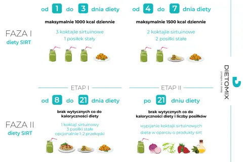 Dieta sirt efekty po miesiącu: Faza I (dni 1-7) i Faza II (dni 8-21) z koktajlami i posiłkami.