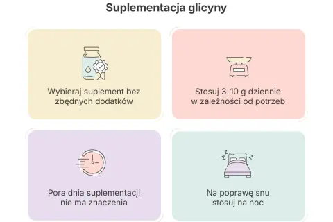 Glicyna co to? Porady: wybieraj czysty suplement, stosuj 3-10g dziennie, pora dnia nie ma znaczenia, na sen stosuj na noc.