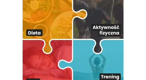 Biohacking co to? Obrazek pokazuje cztery filary: dietę, aktywność fizyczną, sen i trening umysłu, jako elementy optymalizacji życia.