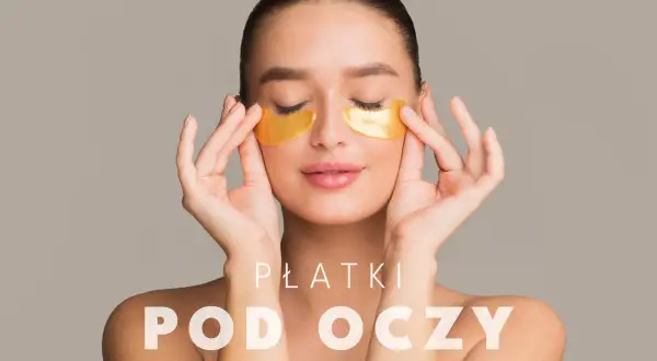 Kobieta z zamkniętymi oczami nakłada złote płatki pod oczy. Delikatny dotyk palców podkreśla, jak nakładać płatki pod oczy dla promiennej skóry.