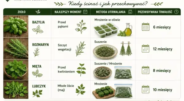 Jak rozpoznać zioła i kiedy je zbierać? Tabela podpowiada, jak przechowywać bazylię, rozmaryn, miętę i lubczyk, by zachowały świeżość.