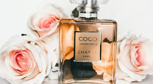 Elegancka butelka Coco Mademoiselle Chanel otoczona różowymi różami. Perfumowana woda toaletowa pachnie dłużej niż woda toaletowa.