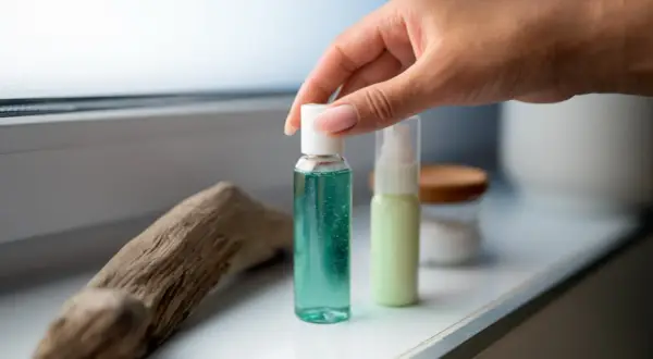 Dłoń sięga po niebieski płyn micelarny, zastanawiając się, co najpierw: płyn micelarny czy żel do mycia twarzy. Obok zielony żel.
