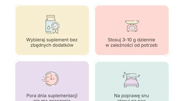 Glicyna co to? Porady: wybieraj czysty suplement, stosuj 3-10g dziennie, pora dnia nie ma znaczenia, na sen stosuj na noc.