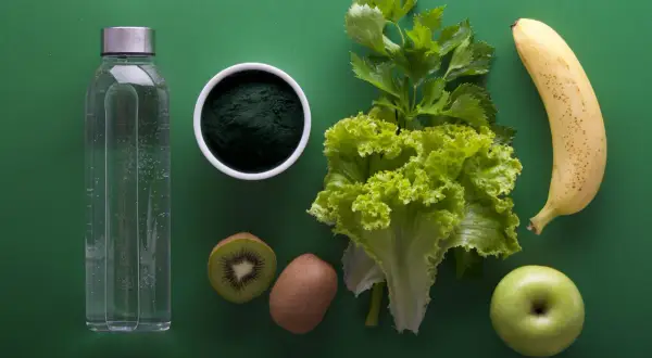 Japońska dieta wodna: butelka wody, spirulina, kiwi, sałata, seler, jabłko i banan na zielonym tle.