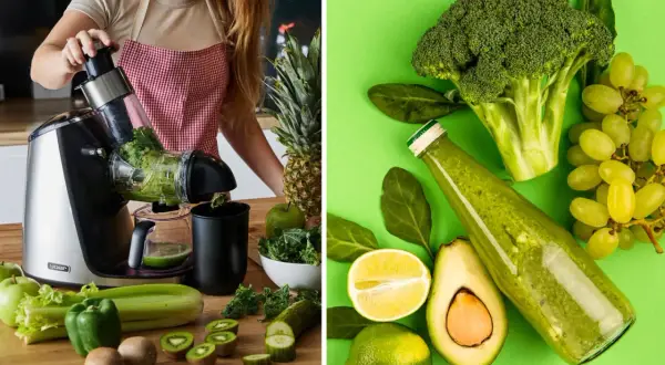Kobieta przygotowuje zielony sok, a obok butelka z napojem i świeże warzywa i owoce. Idealne dieta sokowa przepisy.
