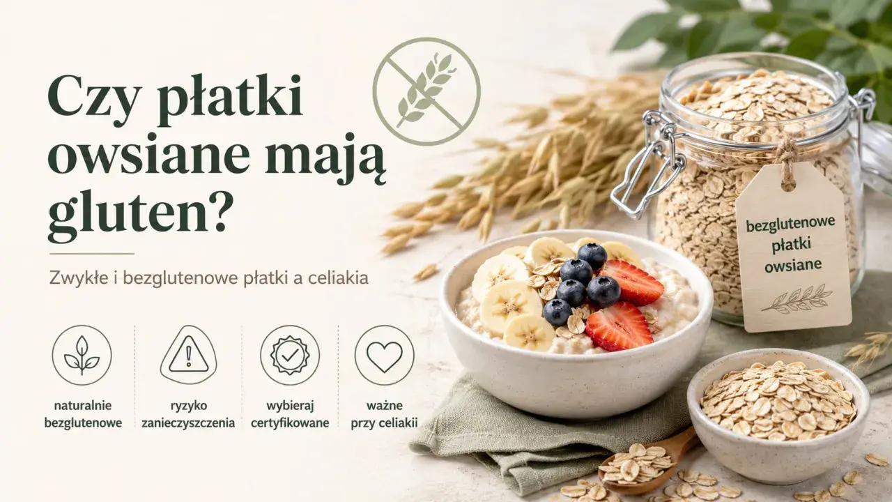 Czy płatki owsiane zawierają gluten? Obraz przedstawia miskę owsianki z owocami i słoik płatków owsianych z etykietą "bezglutenowe płatki owsiane".