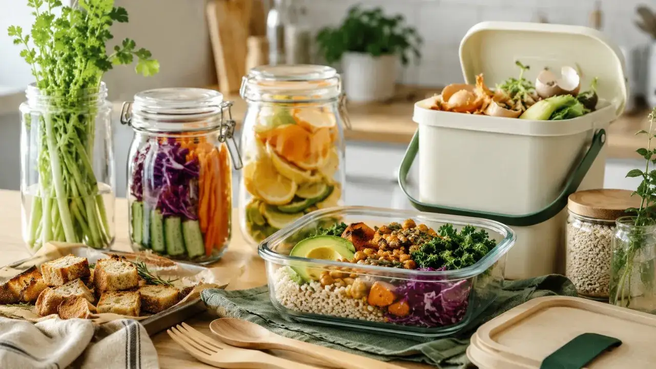 Słoiki z warzywami i owocami, pojemnik na resztki i gotowa sałatka to elementy kuchni zero waste.