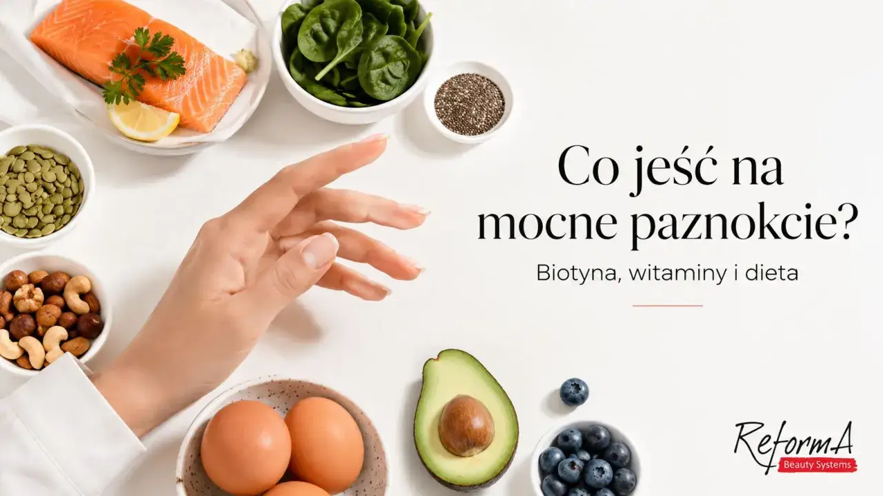 Co jeść na mocne paznokcie? Biotyna, witaminy i dieta. Na stole łosoś, jajka, awokado, jagody, orzechy, pestki i szpinak.