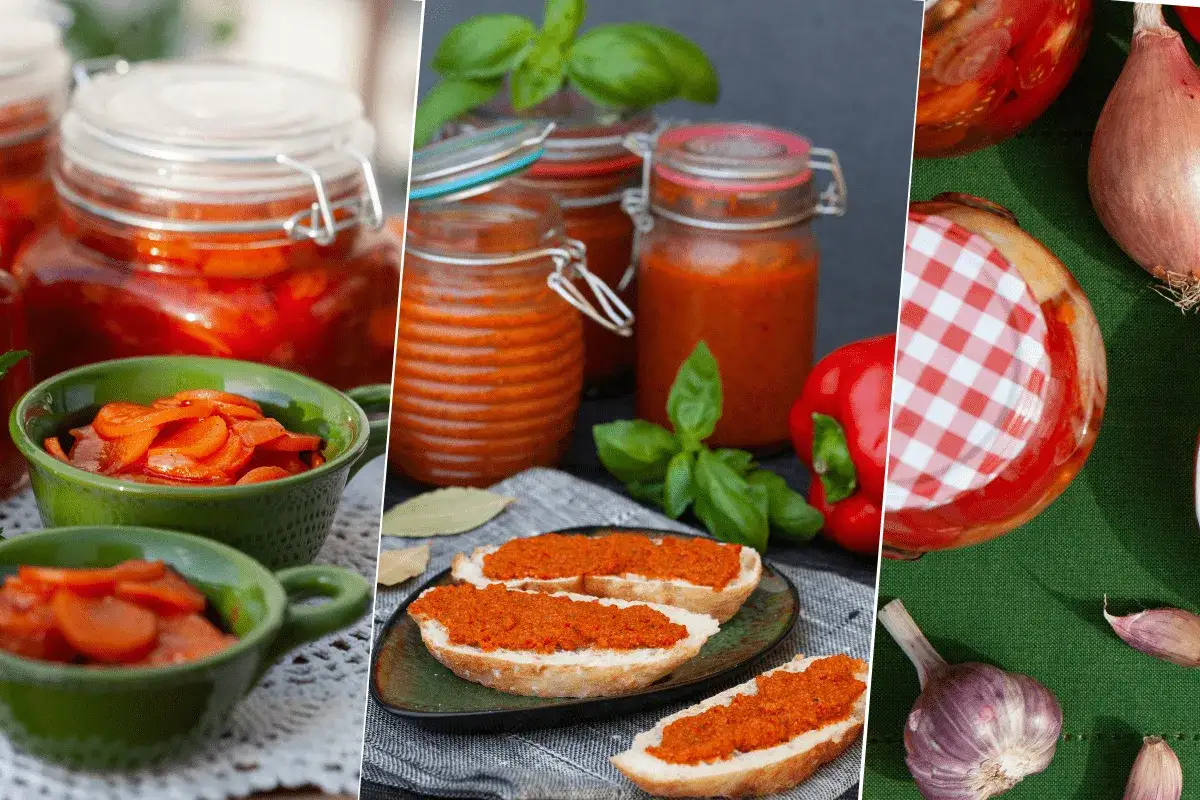 Słoiki z domową pastą z cukinii i papryki, gotowe do słoik&oacute;w. Na talerzu pieczywo z pastą.