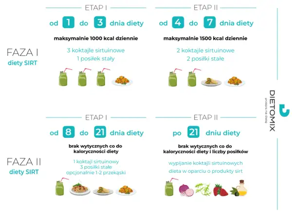 Dieta sirt efekty po miesiącu: Faza I (dni 1-7) i Faza II (dni 8-21) z koktajlami i posiłkami.