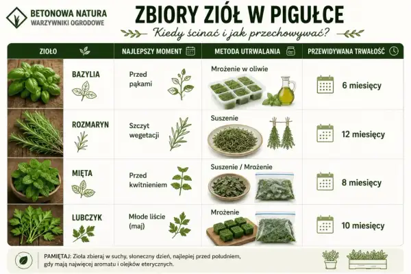 Jak rozpoznać zioła i kiedy je zbierać? Tabela podpowiada, jak przechowywać bazylię, rozmaryn, miętę i lubczyk, by zachowały świeżość.