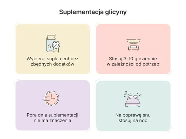 Glicyna co to? Porady: wybieraj czysty suplement, stosuj 3-10g dziennie, pora dnia nie ma znaczenia, na sen stosuj na noc.