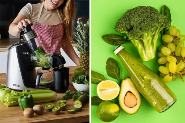Kobieta przygotowuje zielony sok, a obok butelka z napojem i świeże warzywa i owoce. Idealne dieta sokowa przepisy.